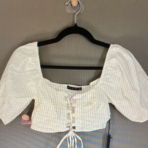 White Square-Neck Lace-Up Puff Sleeve Crop Top